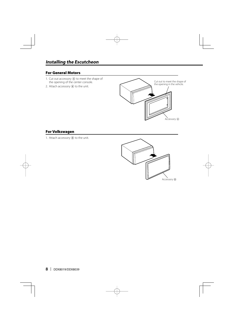 Installing the escutcheon | Kenwood Excelon DDX8019 User Manual | Page 8 / 12