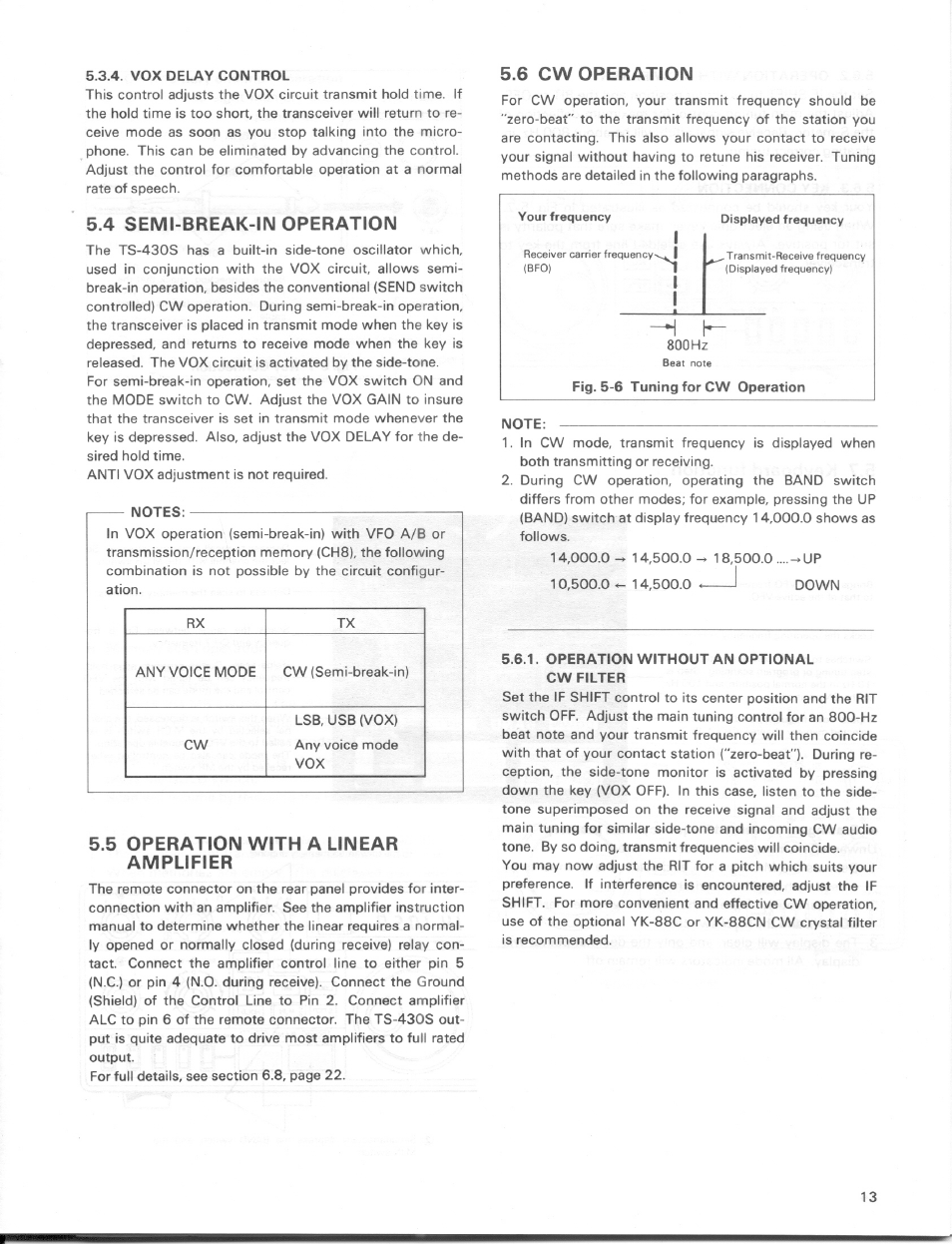 4 semi-break-in operation, 5 operation with a linear amplifier, Semi-break-in operation | Operation with a linear amplifier, 6 cw operation | Kenwood TS-430S User Manual | Page 13 / 38