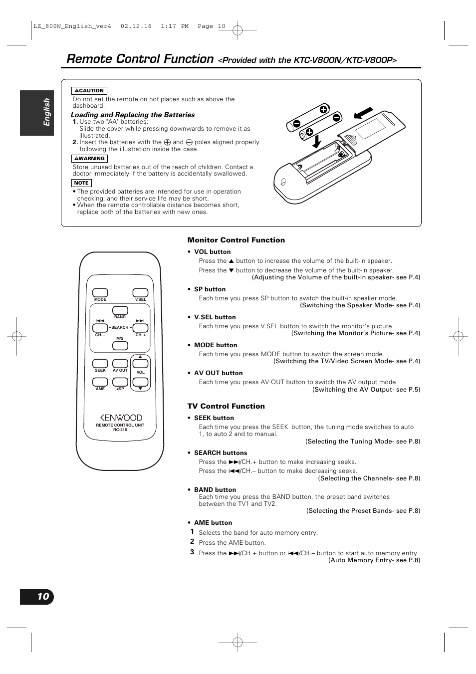 Remote control function, English | Kenwood LZ-800W User Manual | Page 10 / 16