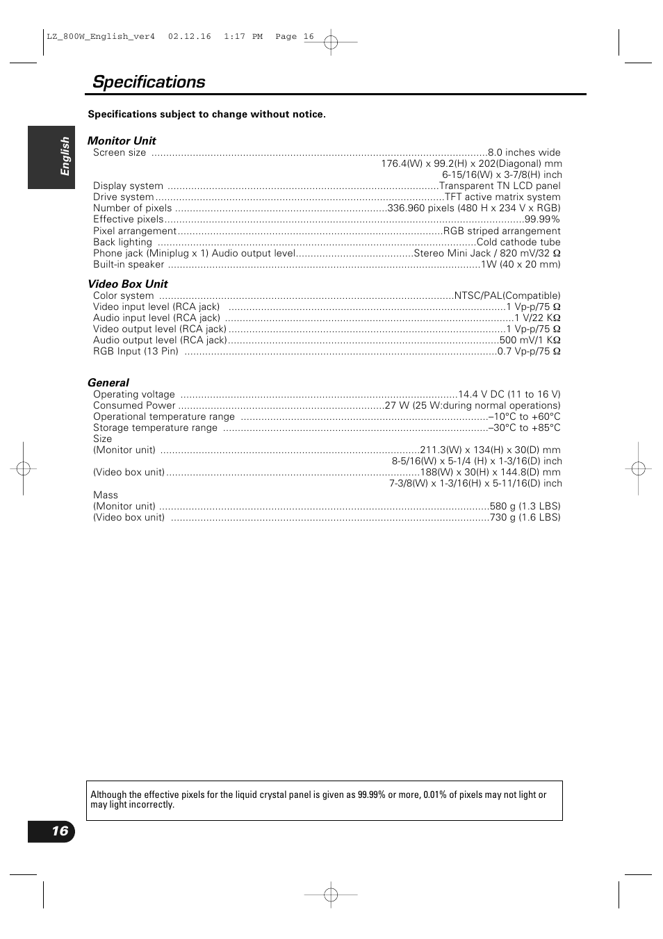 Specifications | Kenwood LZ-800W User Manual | Page 16 / 16