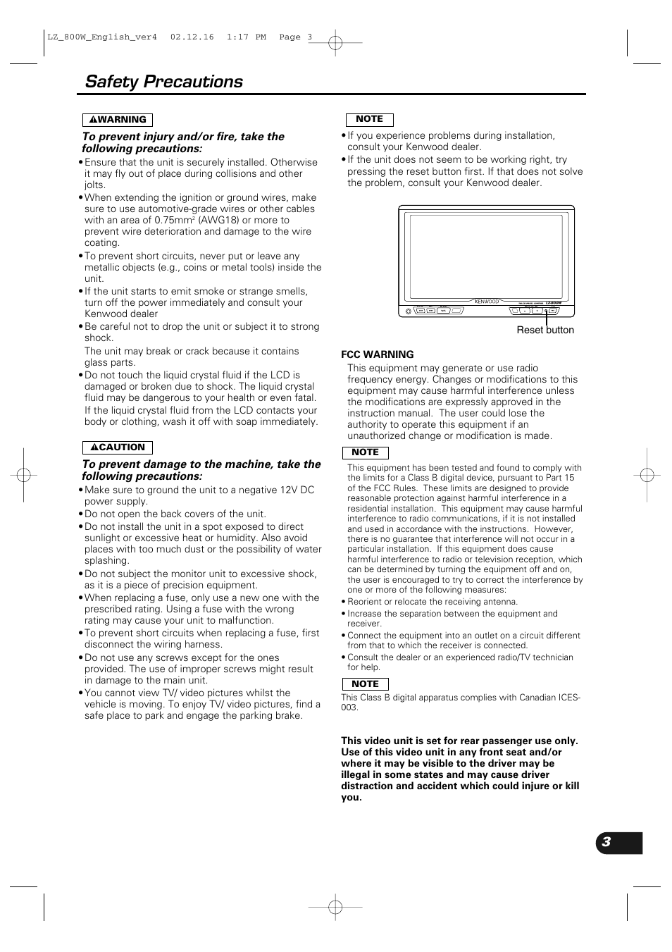 Safety precautions | Kenwood LZ-800W User Manual | Page 3 / 16