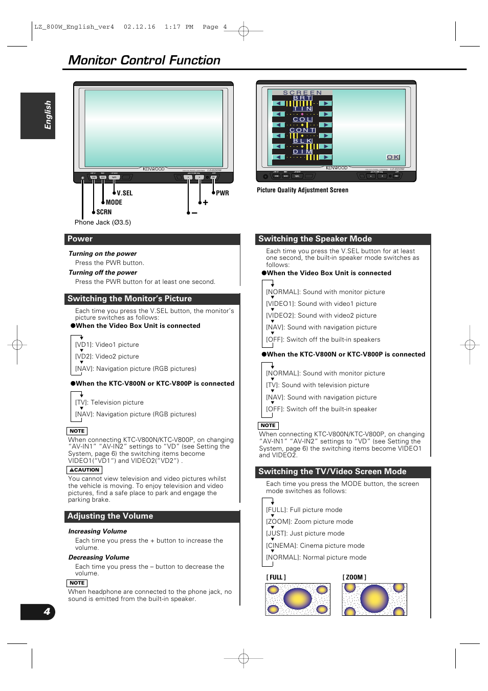 Monitor control function, English, Switching the tv/video screen mode | Switching the speaker mode, Adjusting the volume, Switching the monitor’s picture power | Kenwood LZ-800W User Manual | Page 4 / 16
