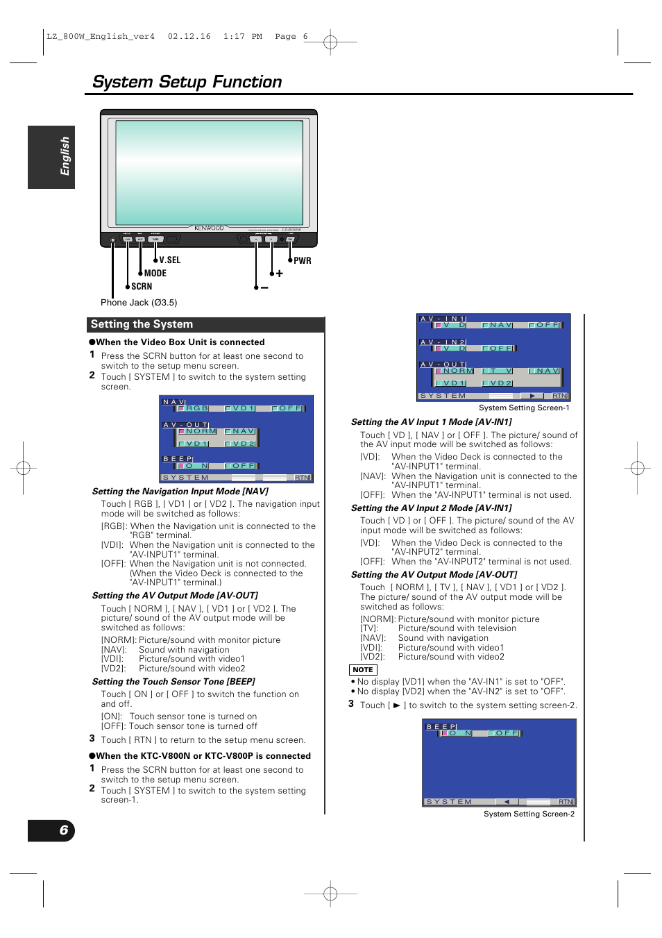 System setup function, English, Setting the system | Kenwood LZ-800W User Manual | Page 6 / 16