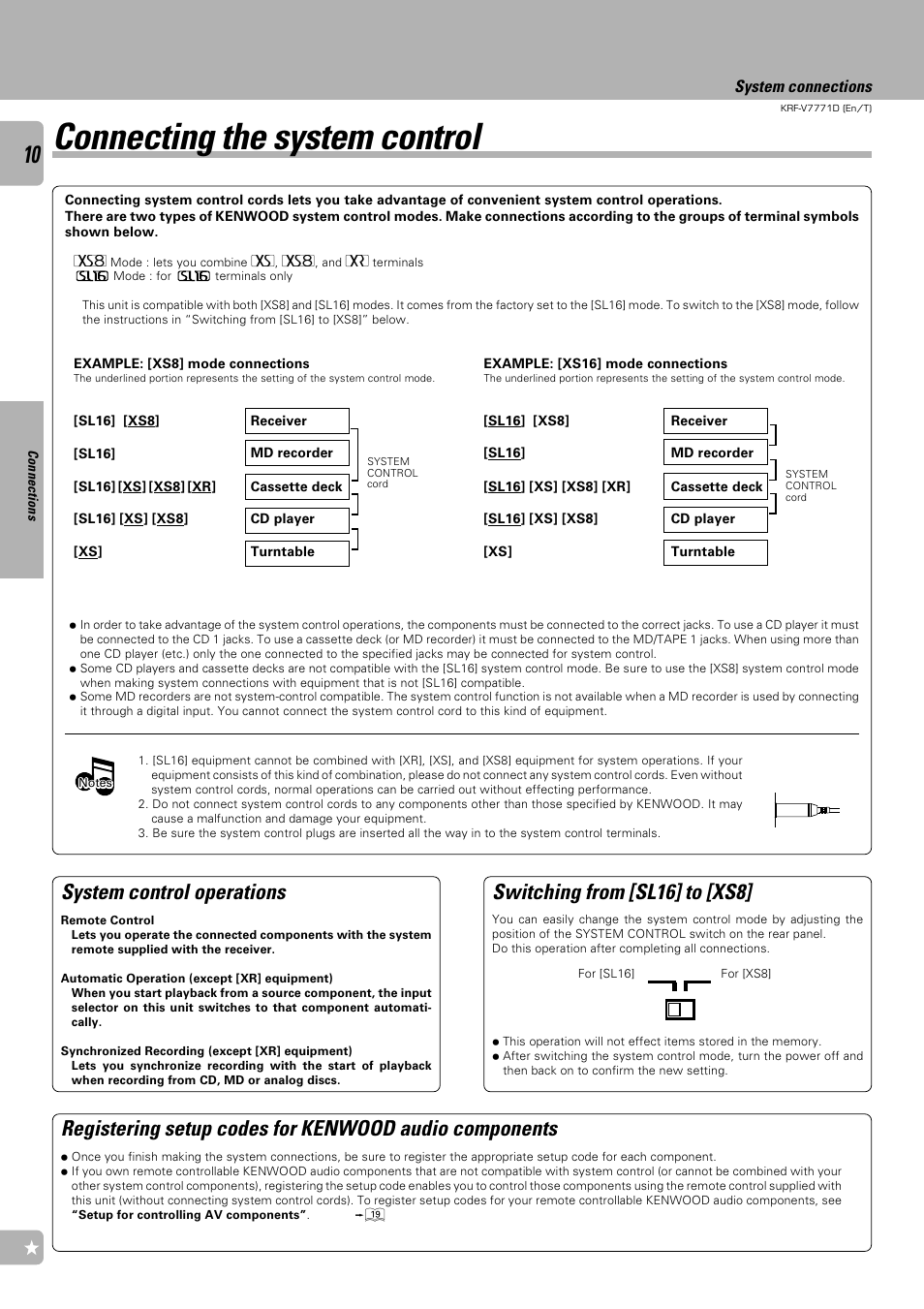 Connecting the system control, System control operations, Switching from [sl16] to [xs8 | Kenwood KRF-V7771D User Manual | Page 10 / 56