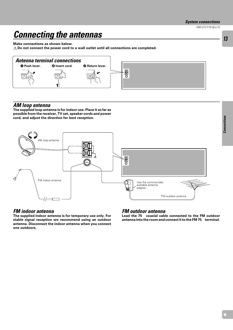 Connecting the antennas, Antenna terminal connections fm indoor antenna, Am loop antenna | Fm outdoor antenna | Kenwood KRF-V7771D User Manual | Page 13 / 56