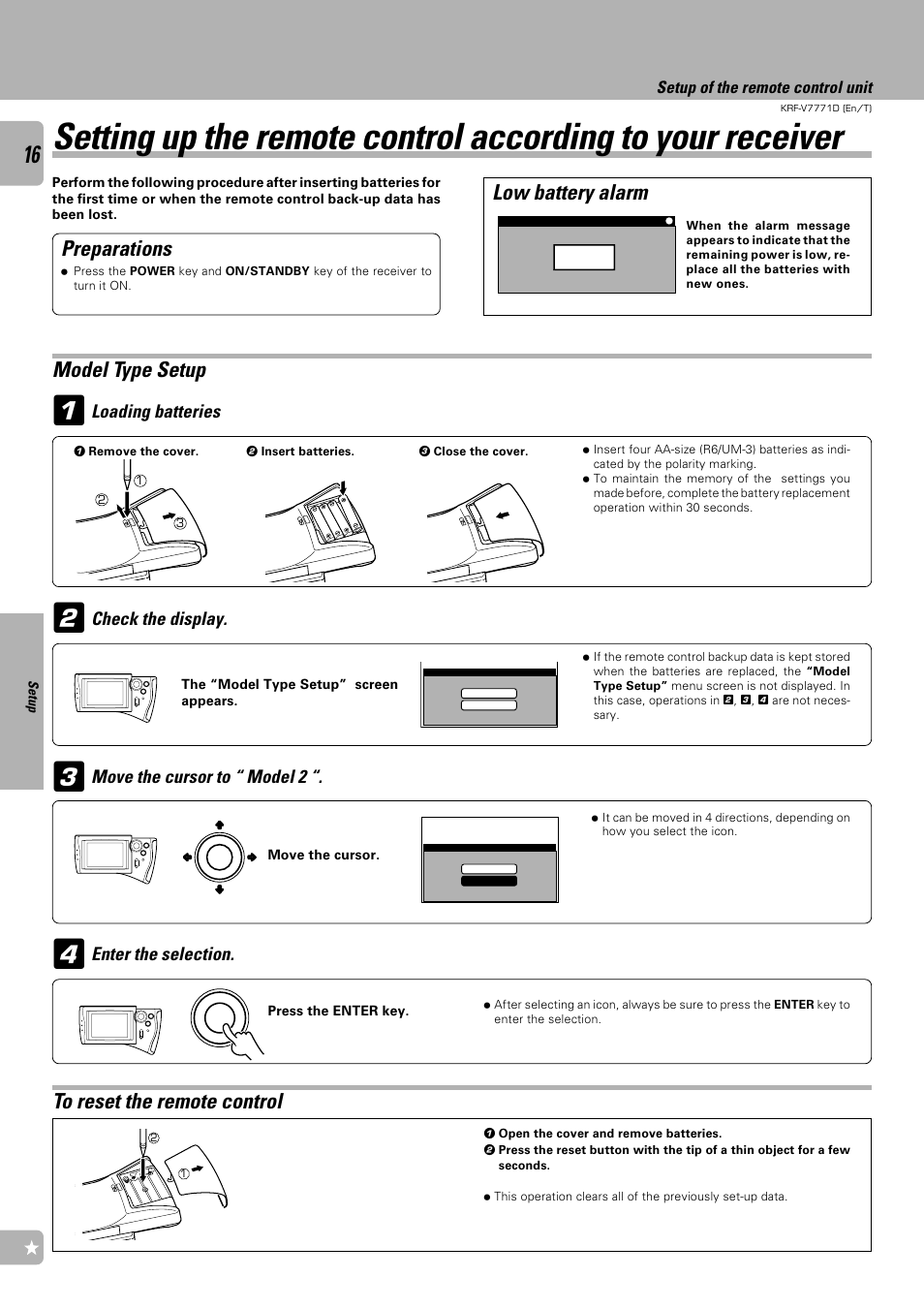 Preparations, Model type setup, Low battery alarm | Loading batteries | Kenwood KRF-V7771D User Manual | Page 16 / 56