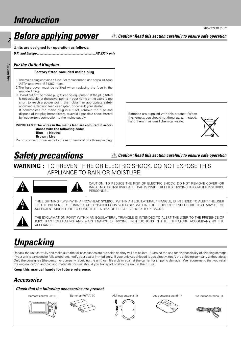 Introduction, Before applying power, Safety precautions | Unpacking, Introduction before applying power, Accessories | Kenwood KRF-V7771D User Manual | Page 2 / 56