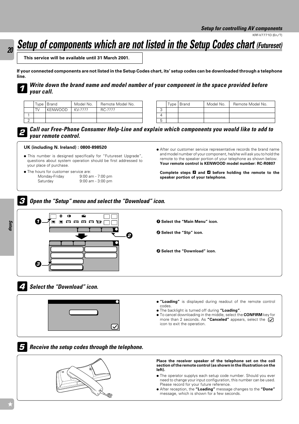 Futureset), Select the “download” icon, Receive the setup codes through the telephone | Setup for controlling av components | Kenwood KRF-V7771D User Manual | Page 20 / 56