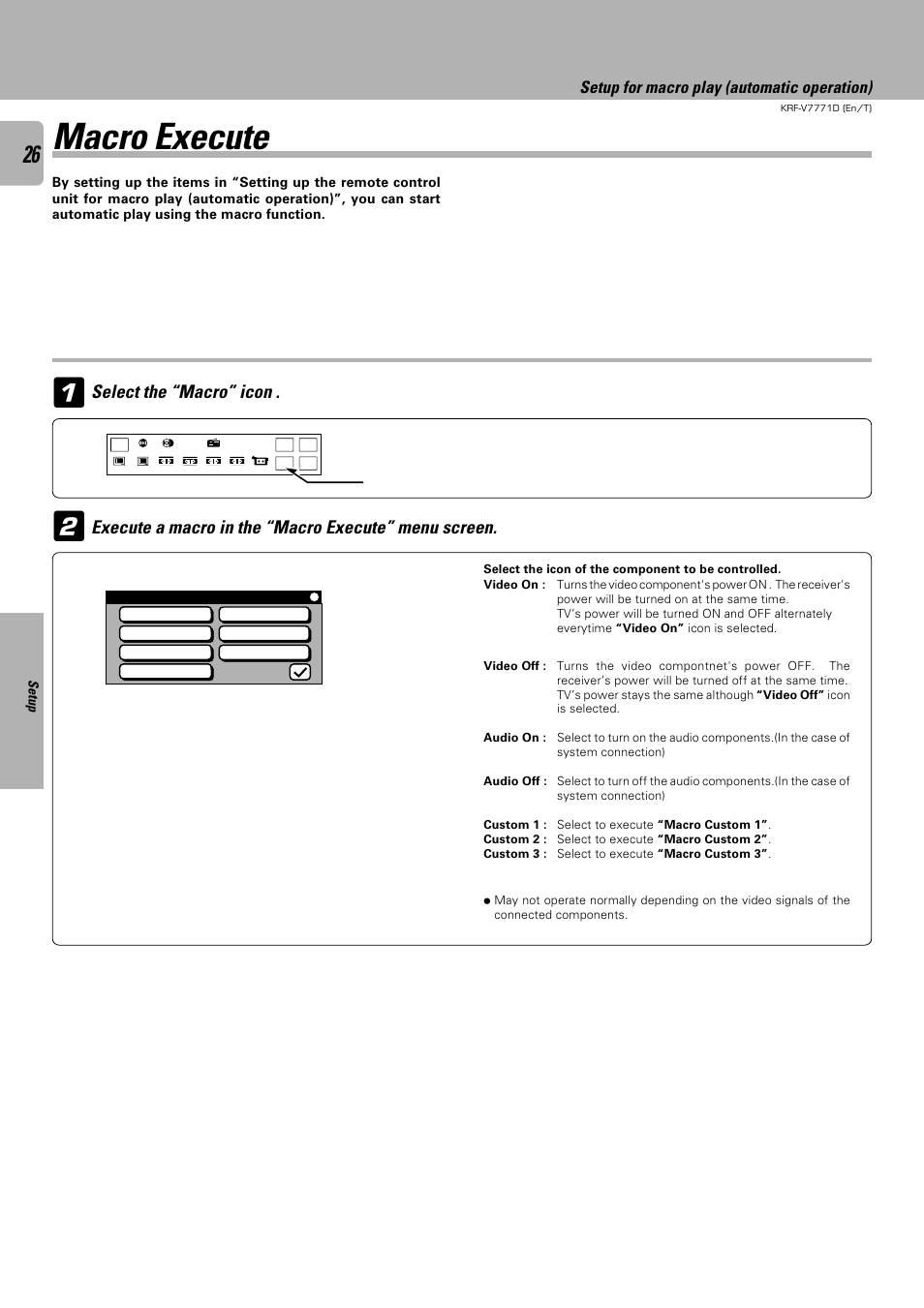 Macro execute, Setup for macro play (automatic operation) | Kenwood KRF-V7771D User Manual | Page 26 / 56