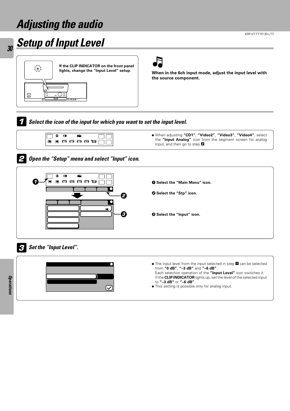 Adjusting the audio, Setup of input level | Kenwood KRF-V7771D User Manual | Page 30 / 56