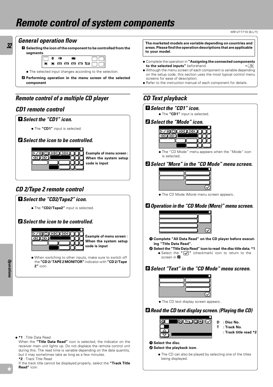 Remote control of system components, Cd text playback, Cd1 remote control | Cd 2/tape 2 remote control, Remote control of a multiple cd player, General operation flow, Select the “cd1” icon, Select the “mode” icon, Select “more” in the “cd mode” menu screen, Operation in the “cd mode (more)” menu screen | Kenwood KRF-V7771D User Manual | Page 32 / 56