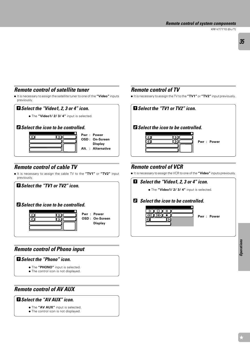 Remote control of satellite tuner, Remote control of tv, Remote control of vcr | Remote control of cable tv, Remote control of phono input, Remote control of av aux, Select the “video1, 2, 3 or 4” icon, Select the icon to be controlled, Select the “tv1 or tv2” icon, Select the “phono” icon | Kenwood KRF-V7771D User Manual | Page 35 / 56