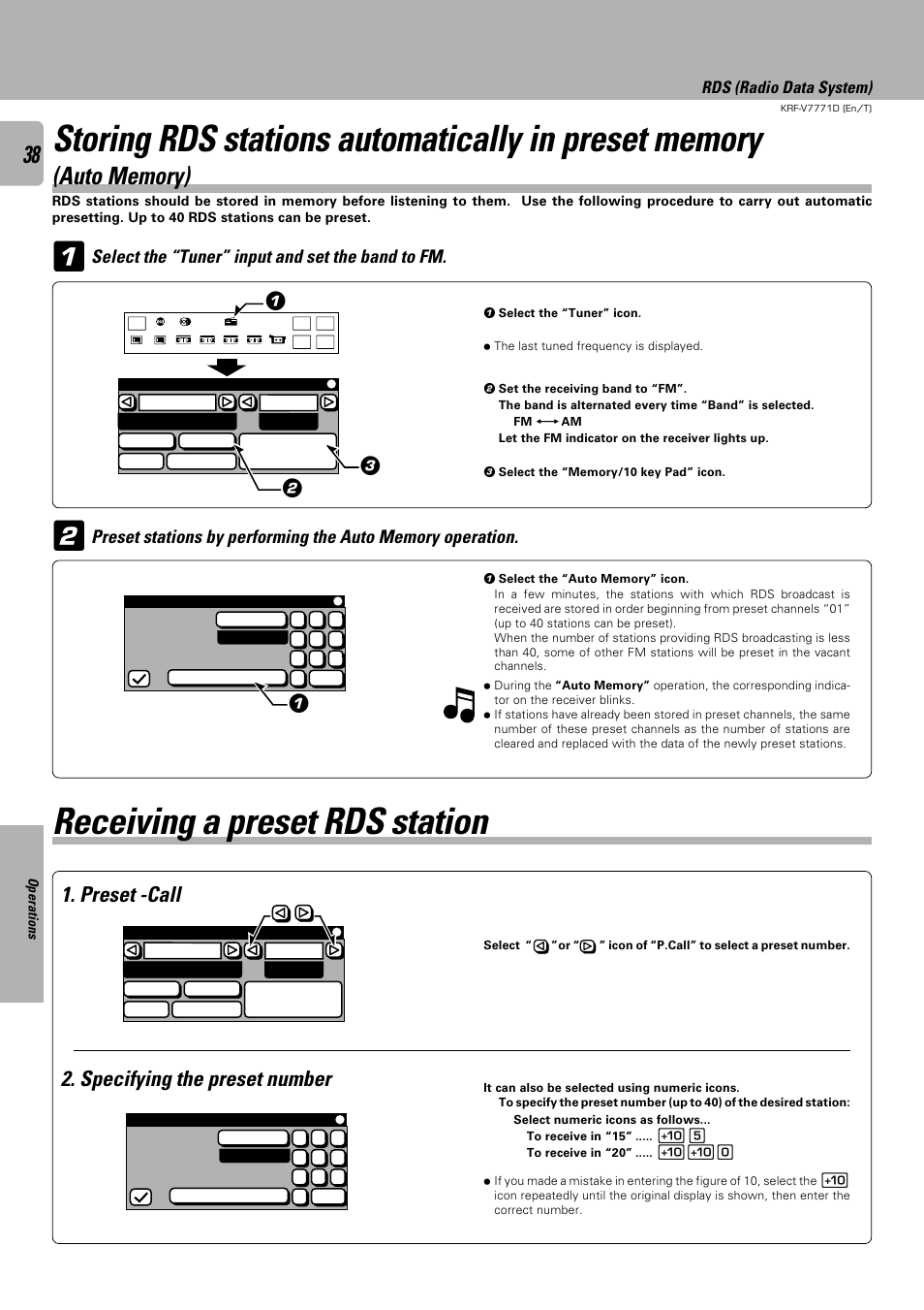 Receiving a preset rds station, Preset -call, Specifying the preset number | Rds (radio data system) | Kenwood KRF-V7771D User Manual | Page 38 / 56