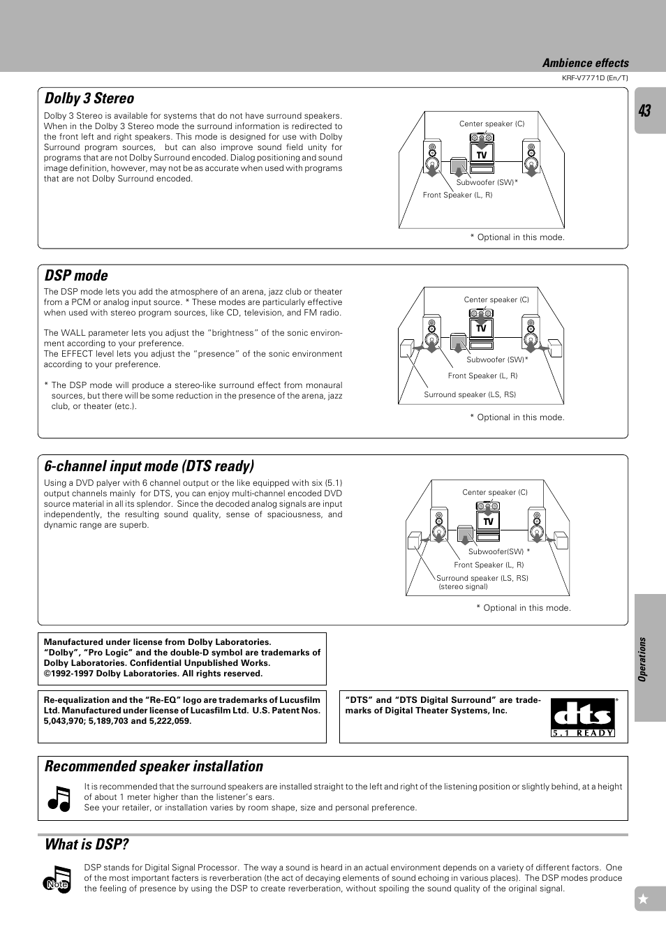 What is dsp, Recommended speaker installation, Dsp mode | Dolby 3 stereo, Channel input mode (dts ready), Ambience effects | Kenwood KRF-V7771D User Manual | Page 43 / 56