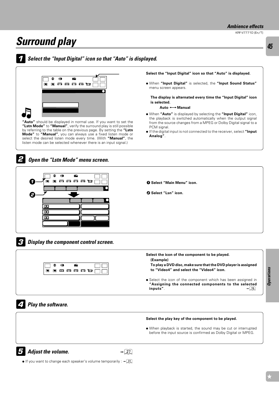 Surround play, Open the “lstn mode” menu screen, Ambience effects | Kenwood KRF-V7771D User Manual | Page 45 / 56