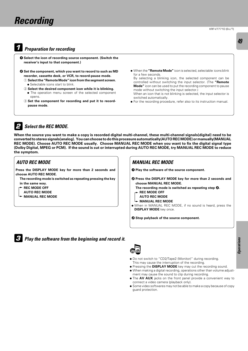 Recording, Preparation for recording, Auto rec mode | Manual rec mode, Select the rec mode, Play the software from the beginning and record it | Kenwood KRF-V7771D User Manual | Page 49 / 56