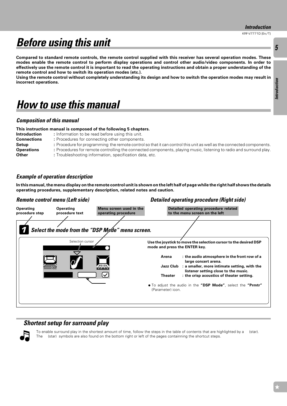 Before using this unit, How to use this manual, Before using this unit how to use this manual | Shortest setup for surround play | Kenwood KRF-V7771D User Manual | Page 5 / 56