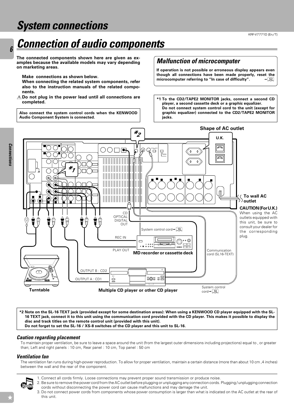 System connections, Connection of audio components, System connections connection of audio components | Malfunction of microcomputer, Caution regarding placement, Ventilation fan, Shape of ac outlet, Connections | Kenwood KRF-V7771D User Manual | Page 6 / 56