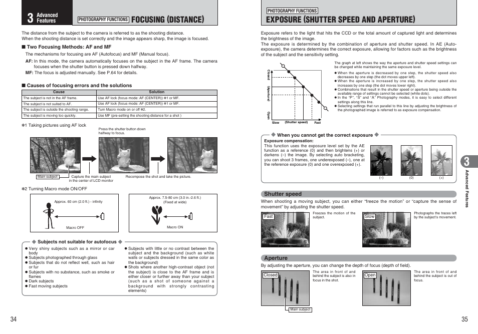 Exposure (shutter speed and aperture), Focusing (distance) | FujiFilm FinePix E900 User Manual | Page 18 / 69