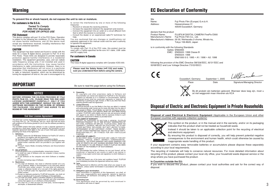 Warning, Ec declaration of conformity, Important | FujiFilm FinePix E900 User Manual | Page 2 / 69