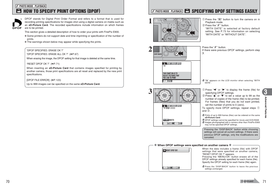 How to specify print options (dpof), Specifying dpof settings easily | FujiFilm FinePix E900 User Manual | Page 36 / 69