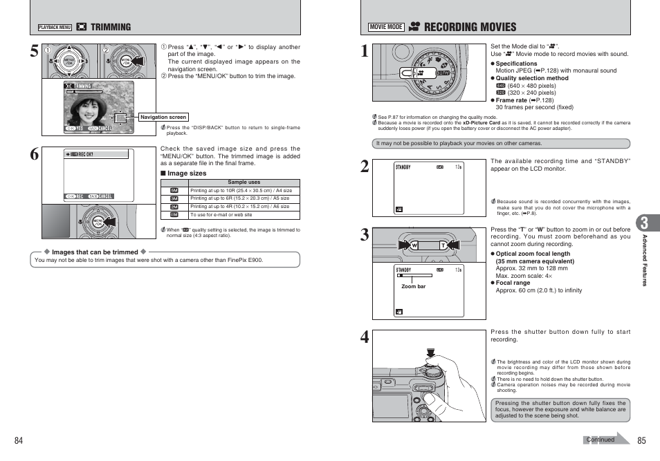 R recording movies, Trimming | FujiFilm FinePix E900 User Manual | Page 43 / 69