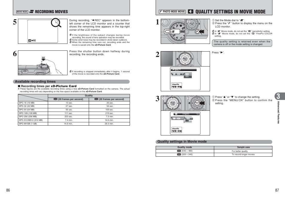 Quality settings in movie mode, R recording movies | FujiFilm FinePix E900 User Manual | Page 44 / 69