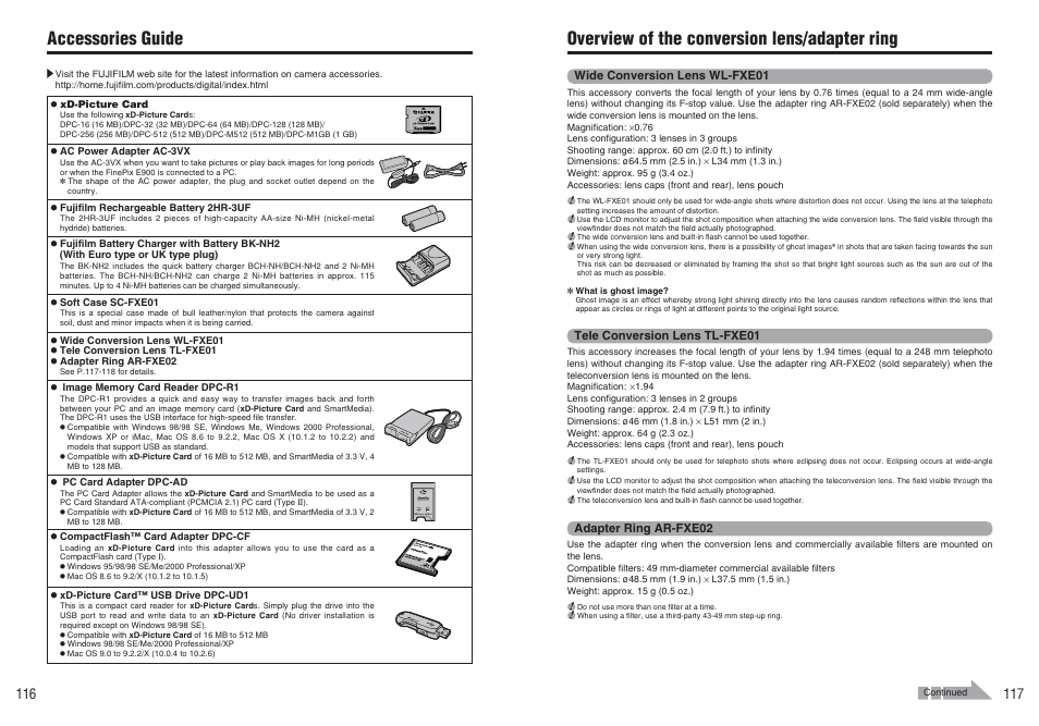 Accessories guide, Overview of the conversion lens/adapter ring | FujiFilm FinePix E900 User Manual | Page 59 / 69