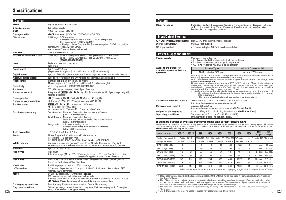 Specifications | FujiFilm FinePix E900 User Manual | Page 64 / 69