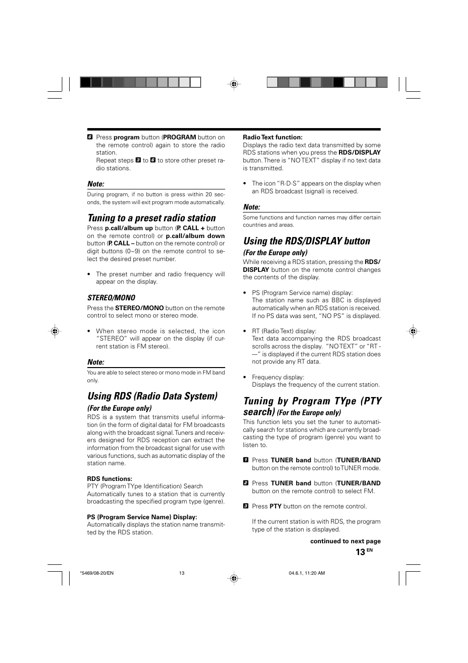 Using the radio, Tuning to a preset radio station, Using rds (radio data system) | Using the rds/display button, Tuning by program type (pty search) | Kenwood HM-537MP User Manual | Page 13 / 20