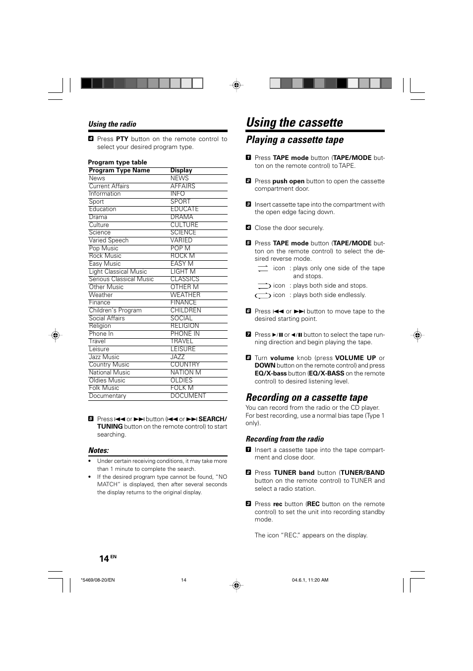 Using the cassette, Playing a cassette tape, Recording on a cassette tape | Kenwood HM-537MP User Manual | Page 14 / 20