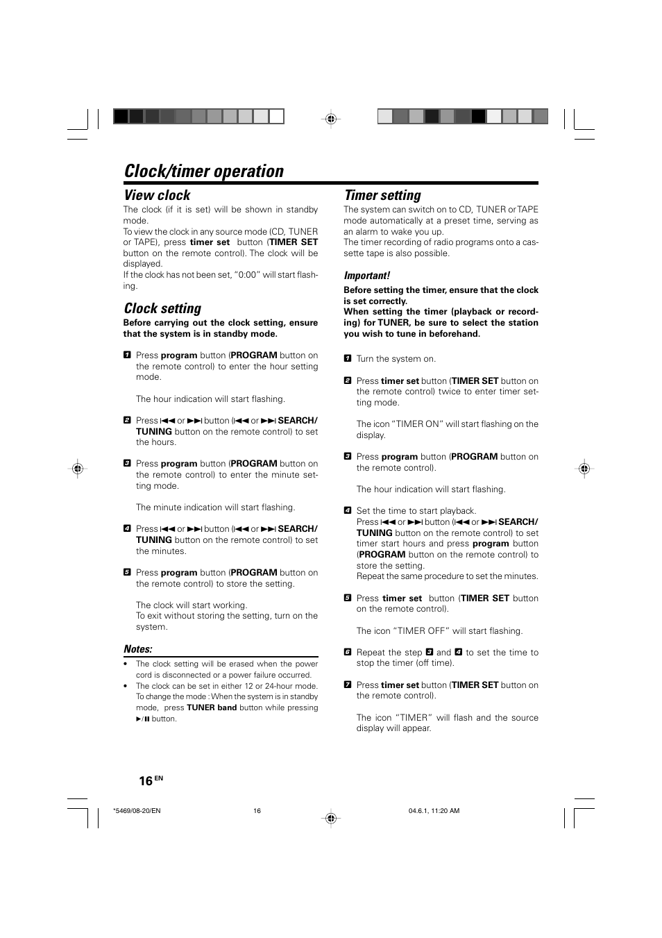 Clock/timer operation, Timer setting, View clock | Clock setting | Kenwood HM-537MP User Manual | Page 16 / 20