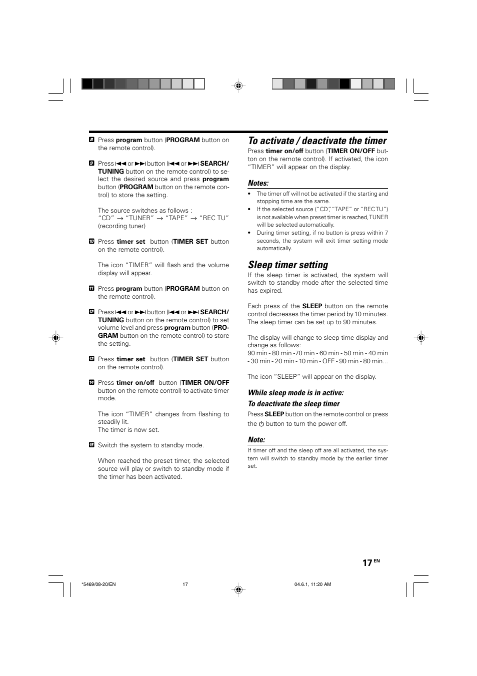 Sleep timer setting | Kenwood HM-537MP User Manual | Page 17 / 20