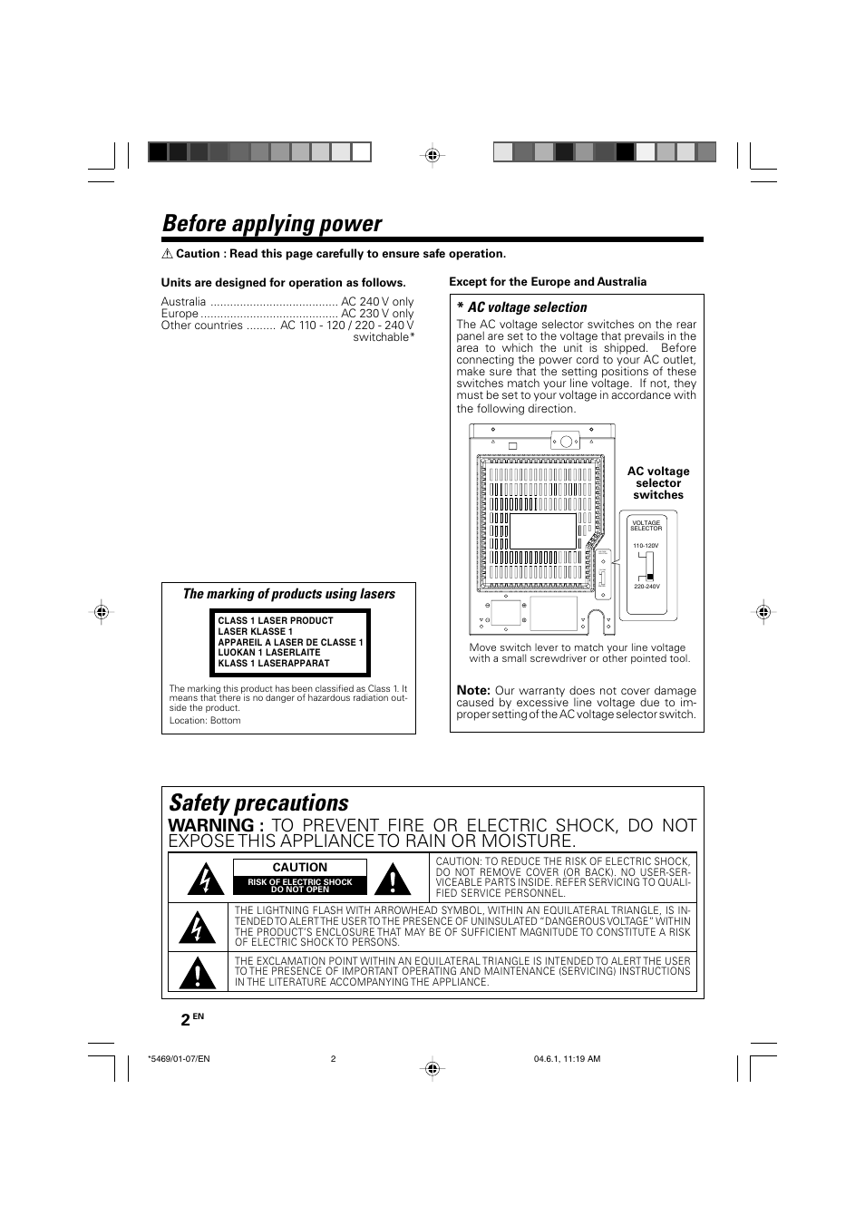 Before applying power, Safety precautions | Kenwood HM-537MP User Manual | Page 2 / 20