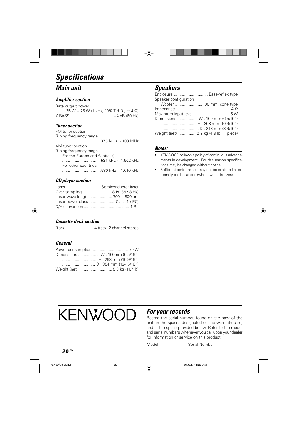 Specifications, Main unit, Speakers | For your records | Kenwood HM-537MP User Manual | Page 20 / 20