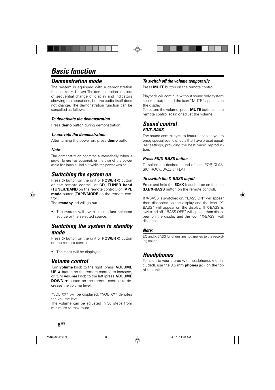 Basic function, Demonstration mode, Switching the system on | Switching the system to standby mode, Volume control, Sound control, Headphones | Kenwood HM-537MP User Manual | Page 8 / 20