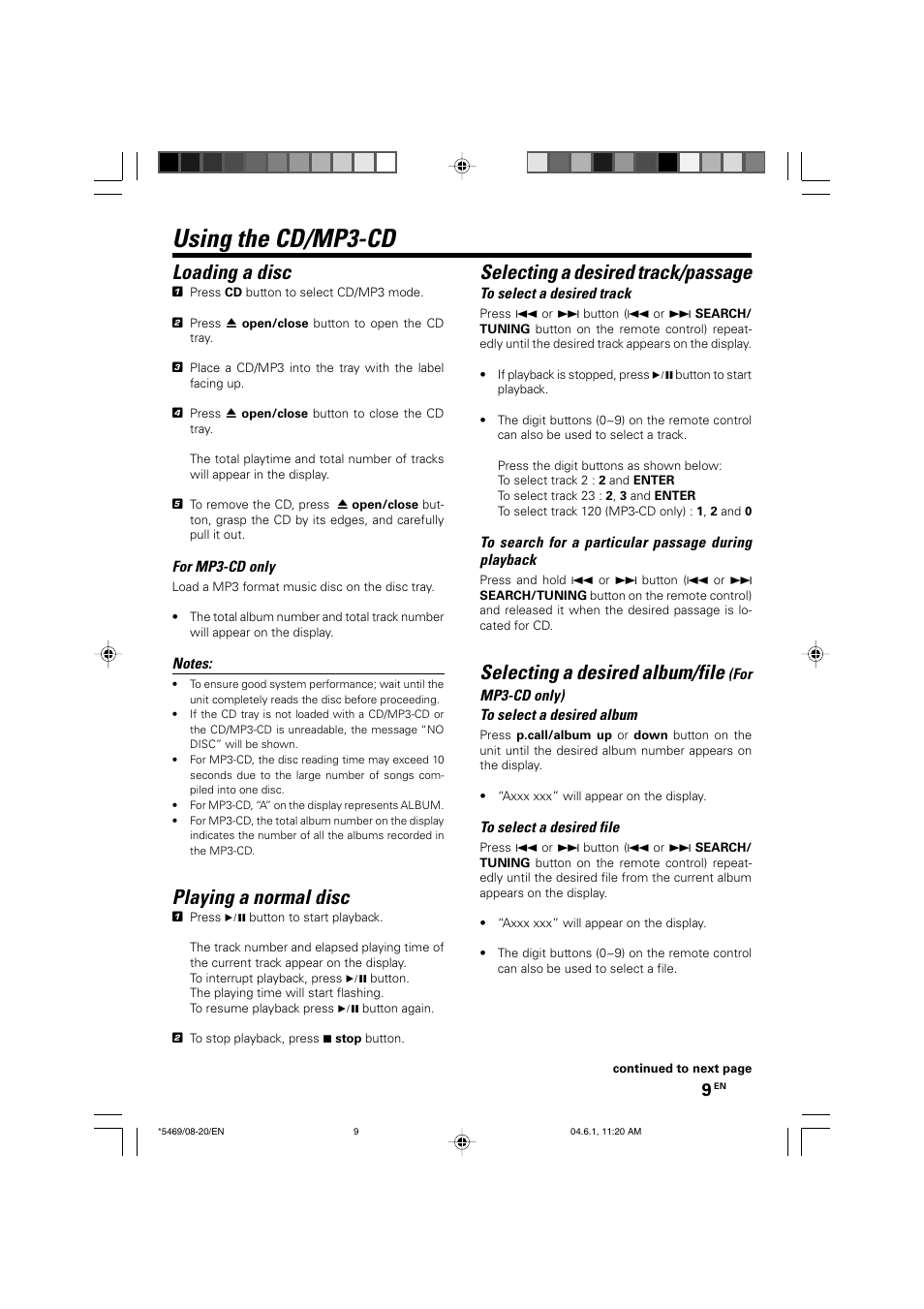 Using the cd/mp3-cd, Loading a disc, Playing a normal disc | Selecting a desired track/passage, Selecting a desired album/file | Kenwood HM-537MP User Manual | Page 9 / 20