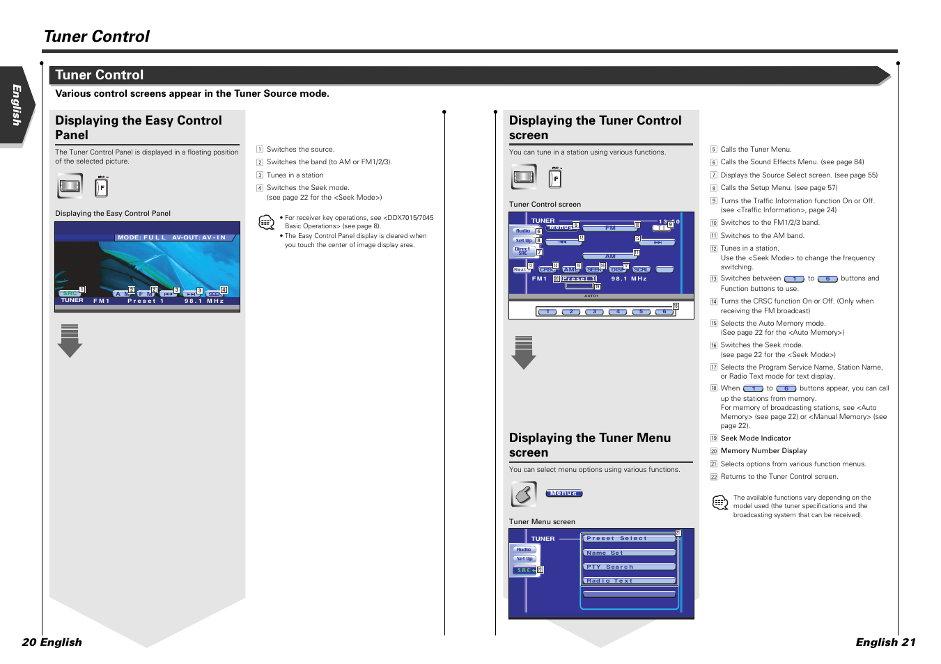 Tuner control, Displaying the easy control panel, Displaying the tuner control screen | Displaying the tuner menu screen, English english 21 20 english | Kenwood DDX7015 User Manual | Page 11 / 51