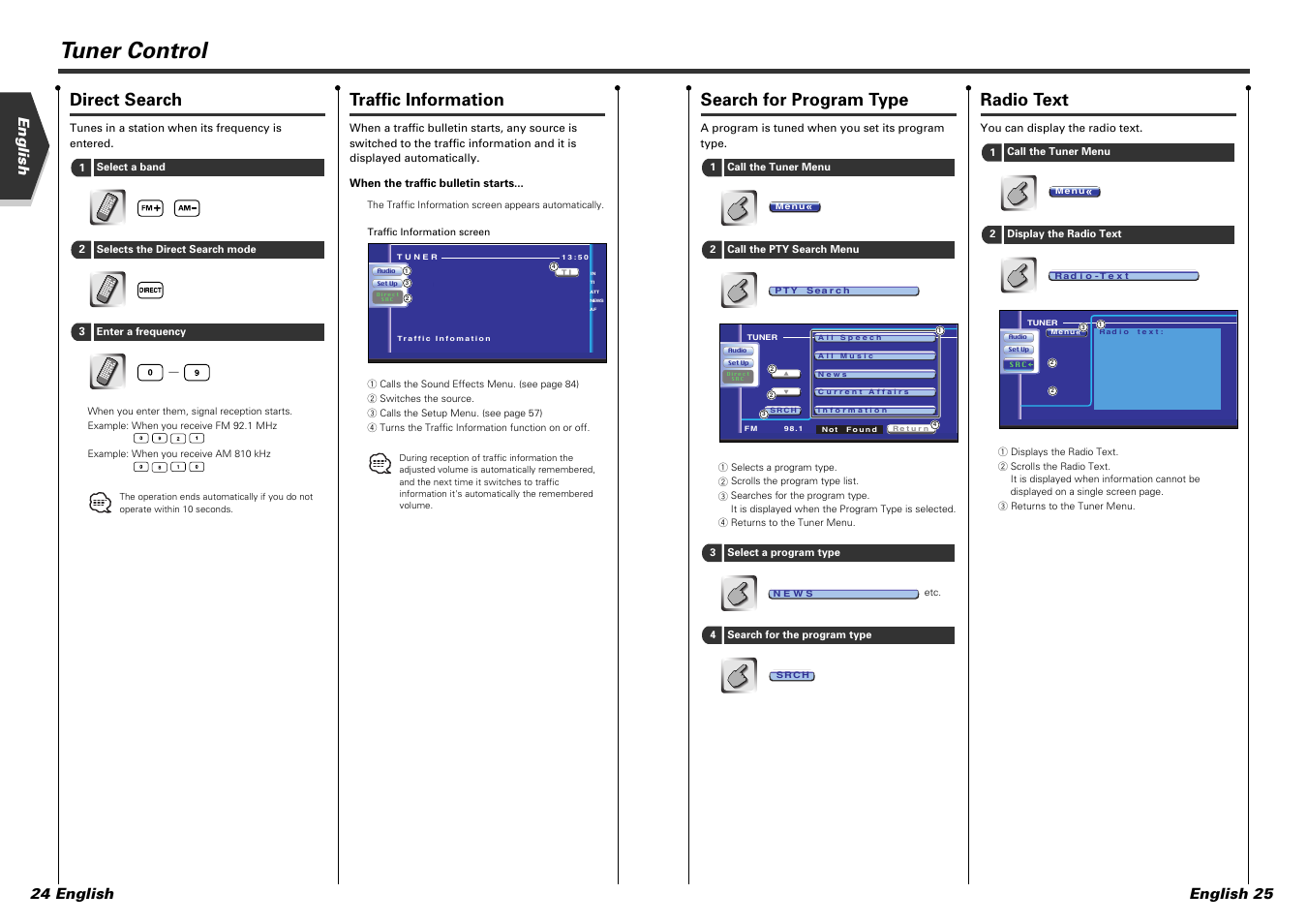 Tuner control, Radio text, Search for program type | Direct search, Traffic information, English 25, English 24 english | Kenwood DDX7015 User Manual | Page 13 / 51