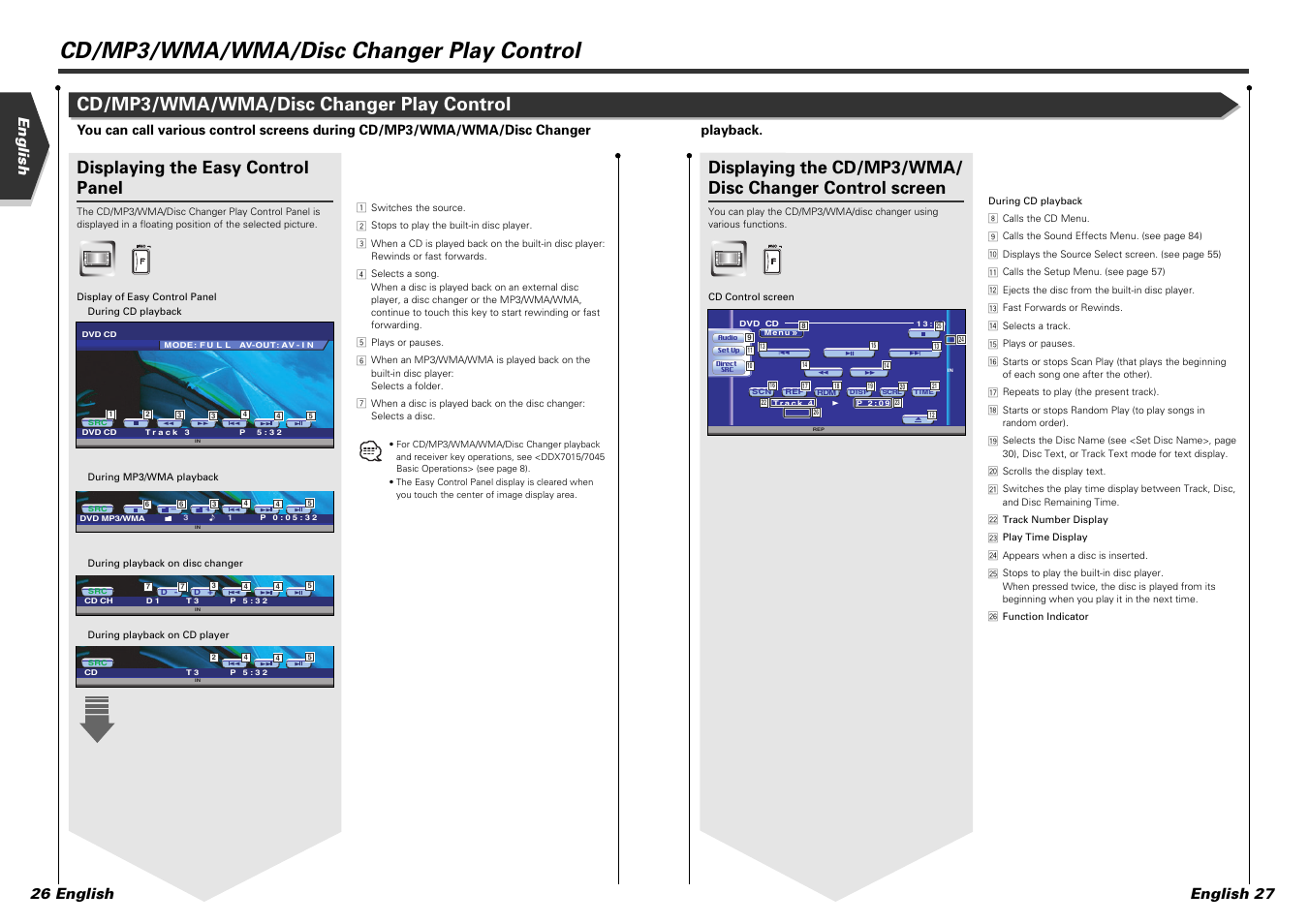 Cd/mp3/wma/wma/disc changer play control, Displaying the easy control panel, English 26 english | English 27 | Kenwood DDX7015 User Manual | Page 14 / 51