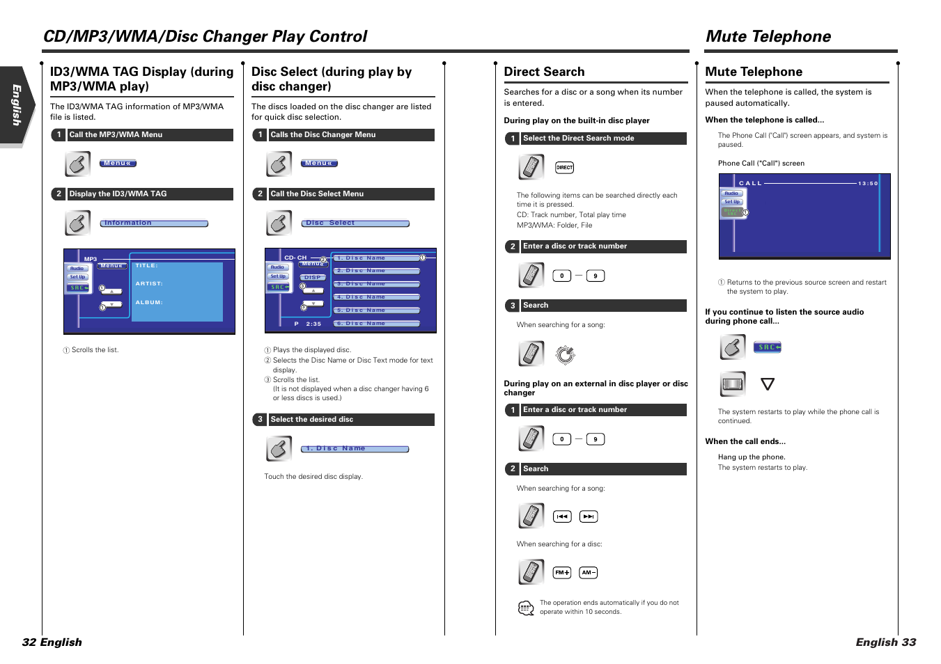 Cd/mp3/wma/disc changer play control, Mute telephone, Direct search | Id3/wma tag display (during mp3/wma play), Disc select (during play by disc changer), English 33, English 32 english | Kenwood DDX7015 User Manual | Page 17 / 51