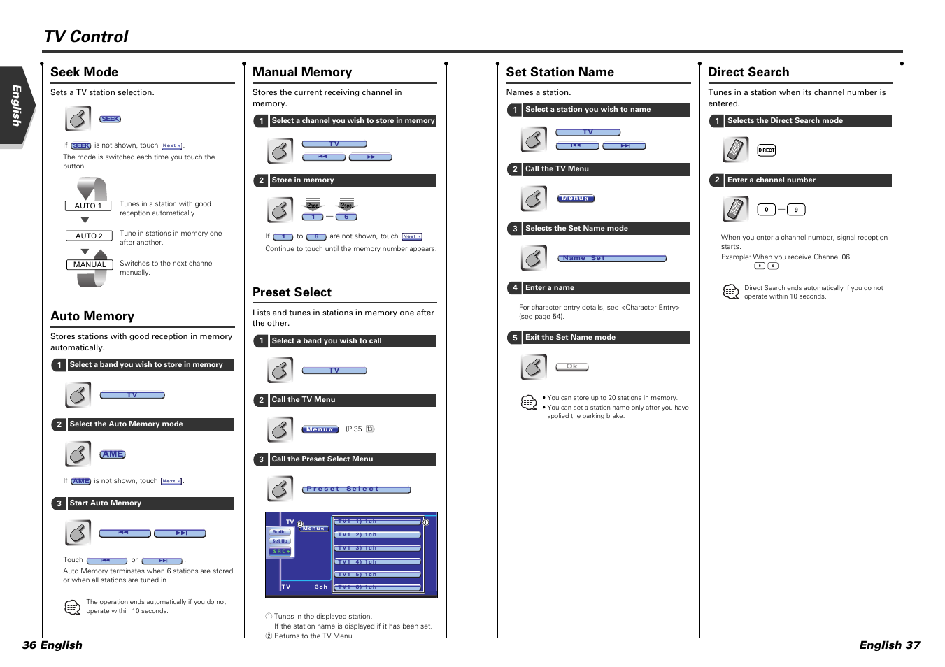 Tv control, Seek mode, Preset select | Set station name, Direct search, English 37, English 36 english | Kenwood DDX7015 User Manual | Page 19 / 51