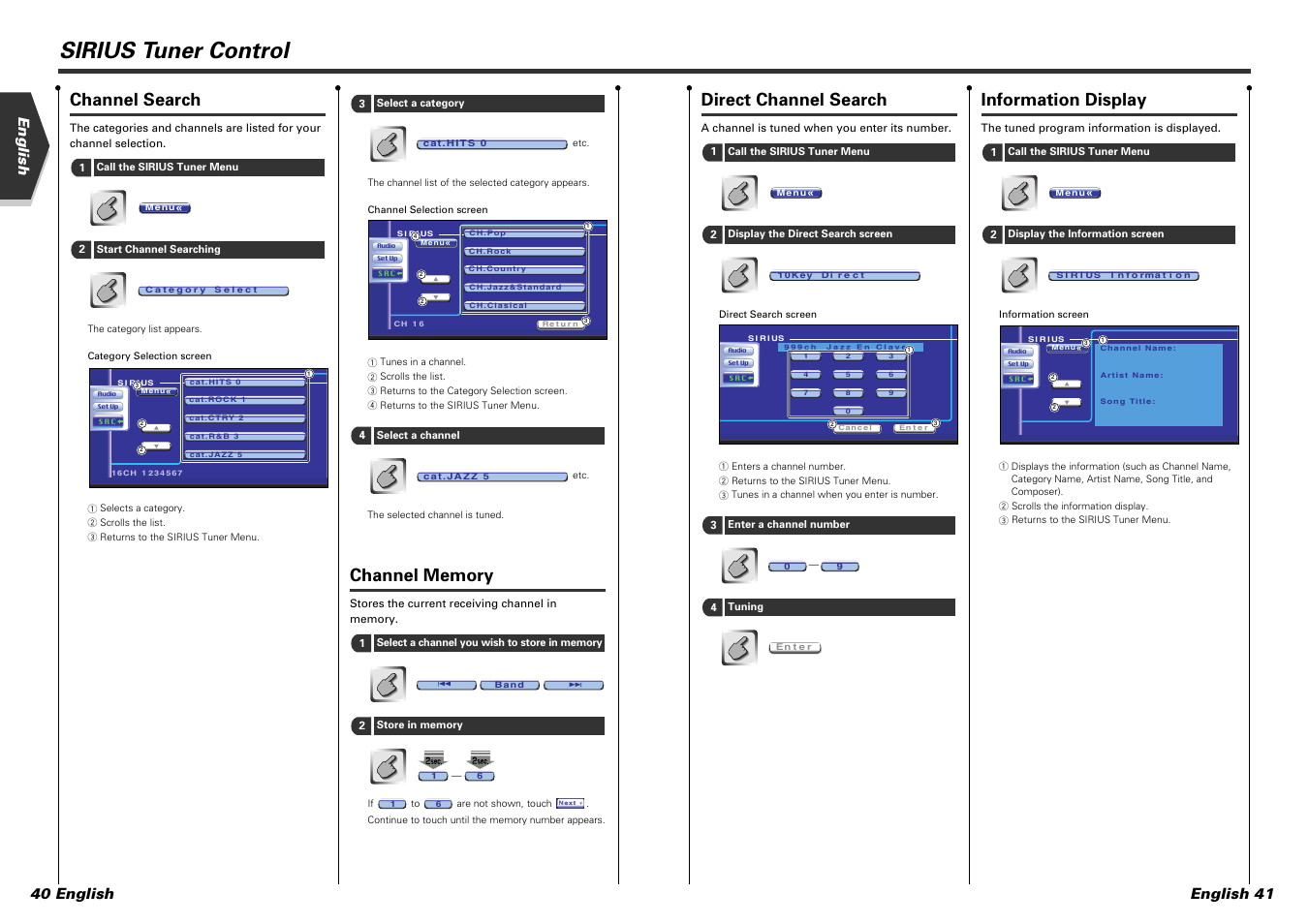 Sirius tuner control, Direct channel search, Information display | Channel search, English english 41 40 english | Kenwood DDX7015 User Manual | Page 21 / 51