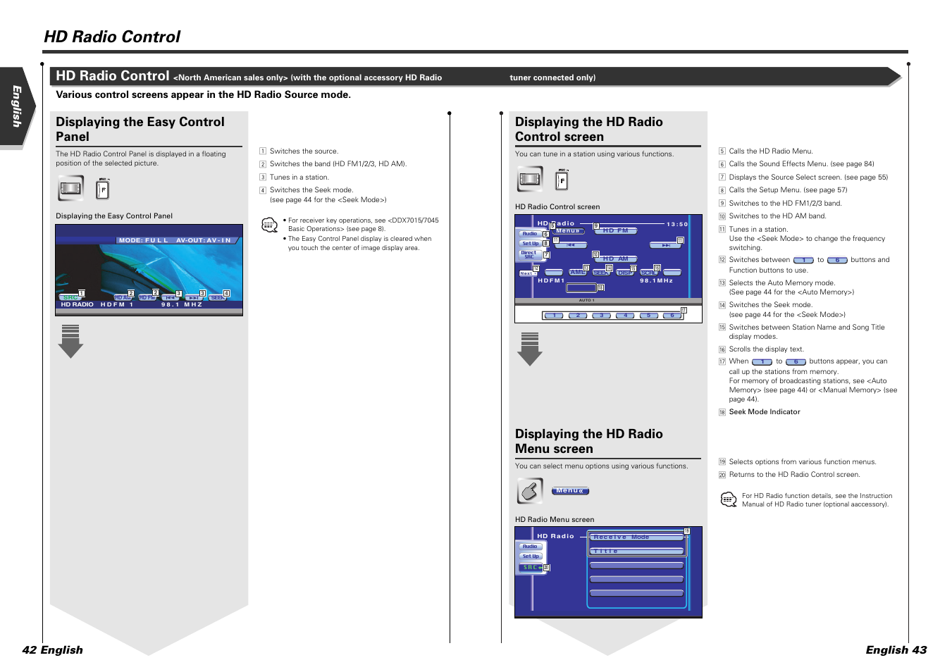 Hd radio control, Displaying the easy control panel, Displaying the hd radio control screen | Displaying the hd radio menu screen, English 43, English 42 english | Kenwood DDX7015 User Manual | Page 22 / 51