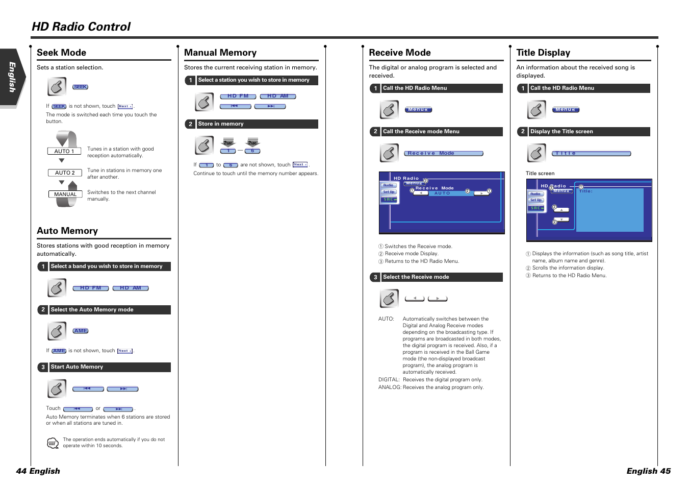 Hd radio control, Seek mode, Receive mode | Title display, English 45, English 44 english | Kenwood DDX7015 User Manual | Page 23 / 51