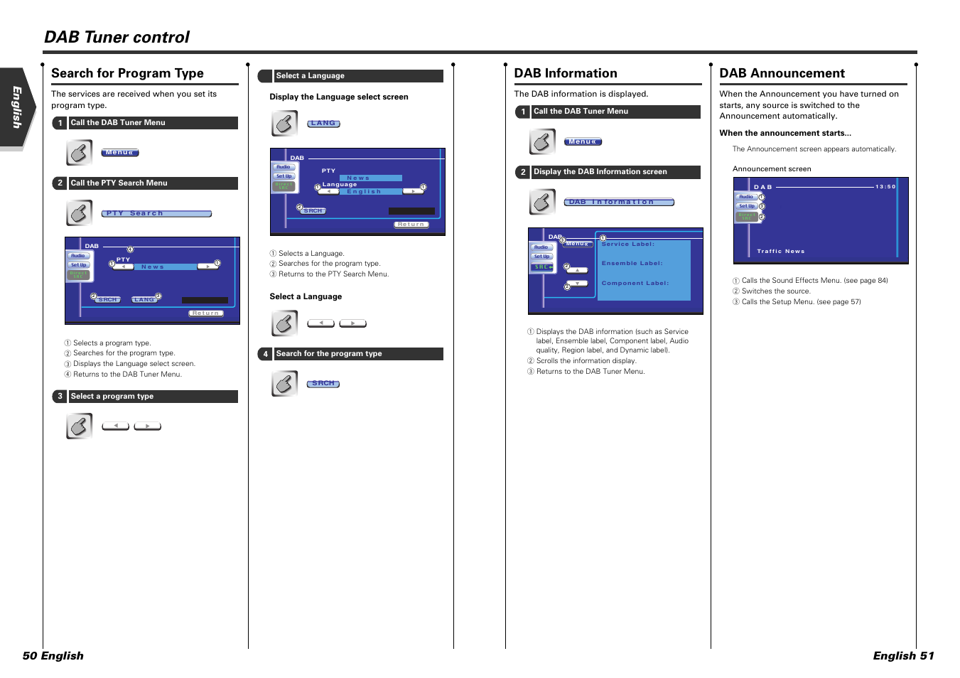 Dab tuner control, Dab announcement, Dab information | Search for program type, English english 51 50 english | Kenwood DDX7015 User Manual | Page 26 / 51