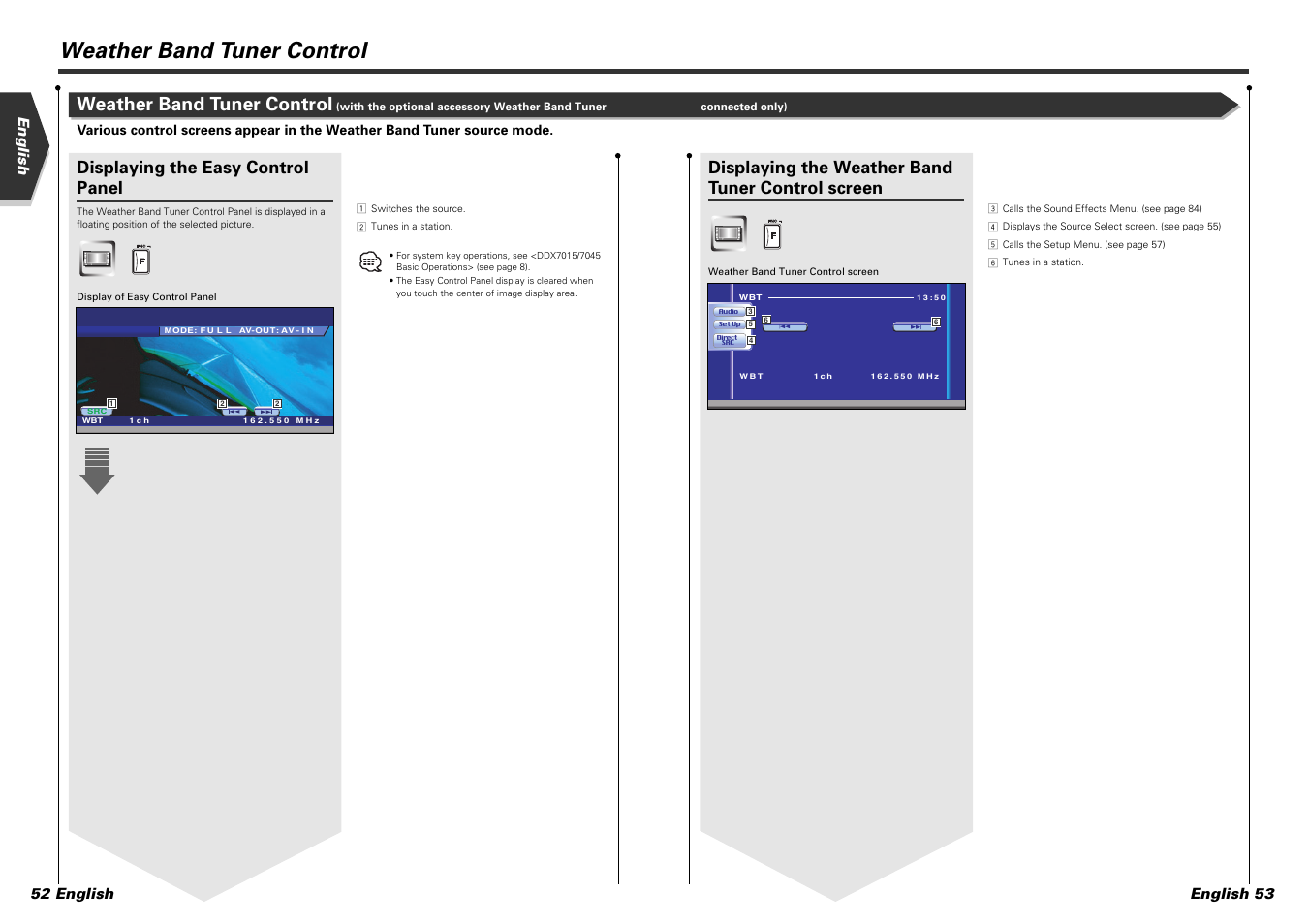 Weather band tuner control, Displaying the weather band tuner control screen, Displaying the easy control panel | English english 53 52 english | Kenwood DDX7015 User Manual | Page 27 / 51