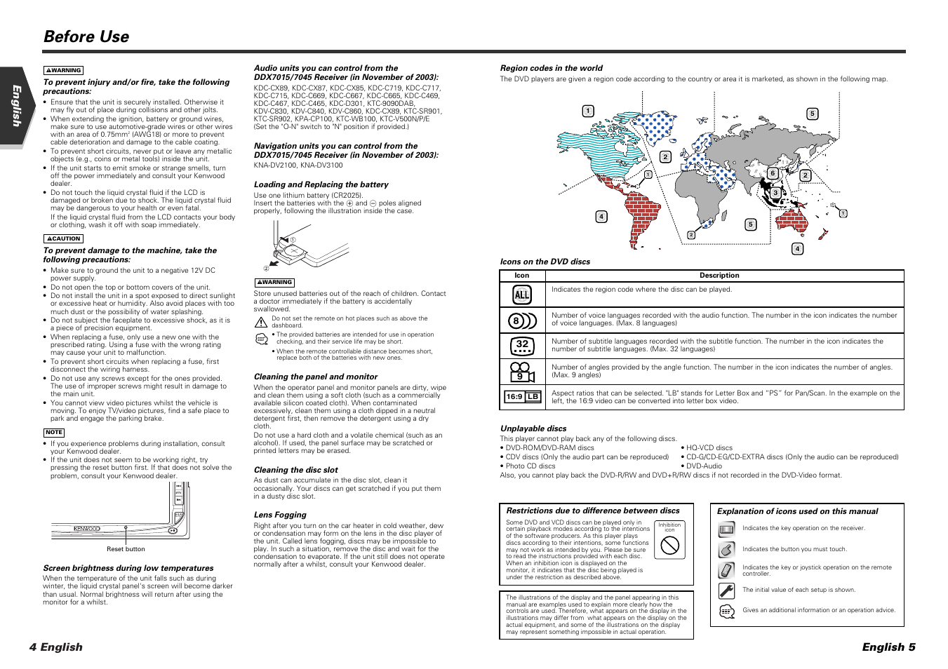 Before use, 4 english english, English 5 | Kenwood DDX7015 User Manual | Page 3 / 51