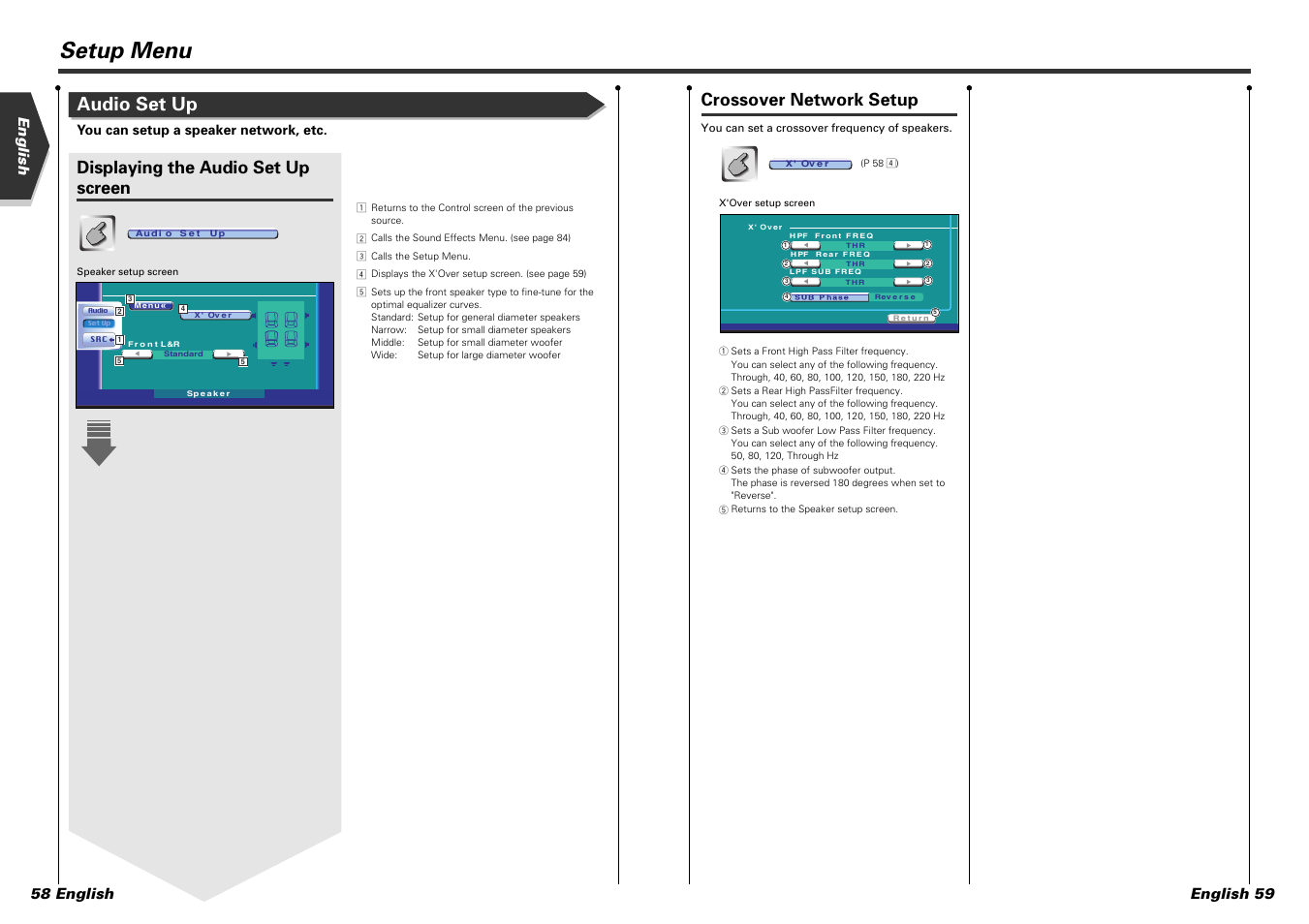 Setup menu, Audio set up, Displaying the audio set up screen | Crossover network setup, English 59 english 58 english, You can setup a speaker network, etc | Kenwood DDX7015 User Manual | Page 30 / 51