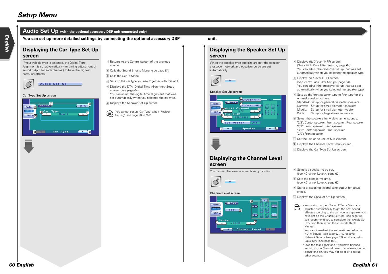 Setup menu, Audio set up, Displaying the speaker set up screen | Displaying the channel level screen, Displaying the car type set up screen, English english 61 60 english | Kenwood DDX7015 User Manual | Page 31 / 51